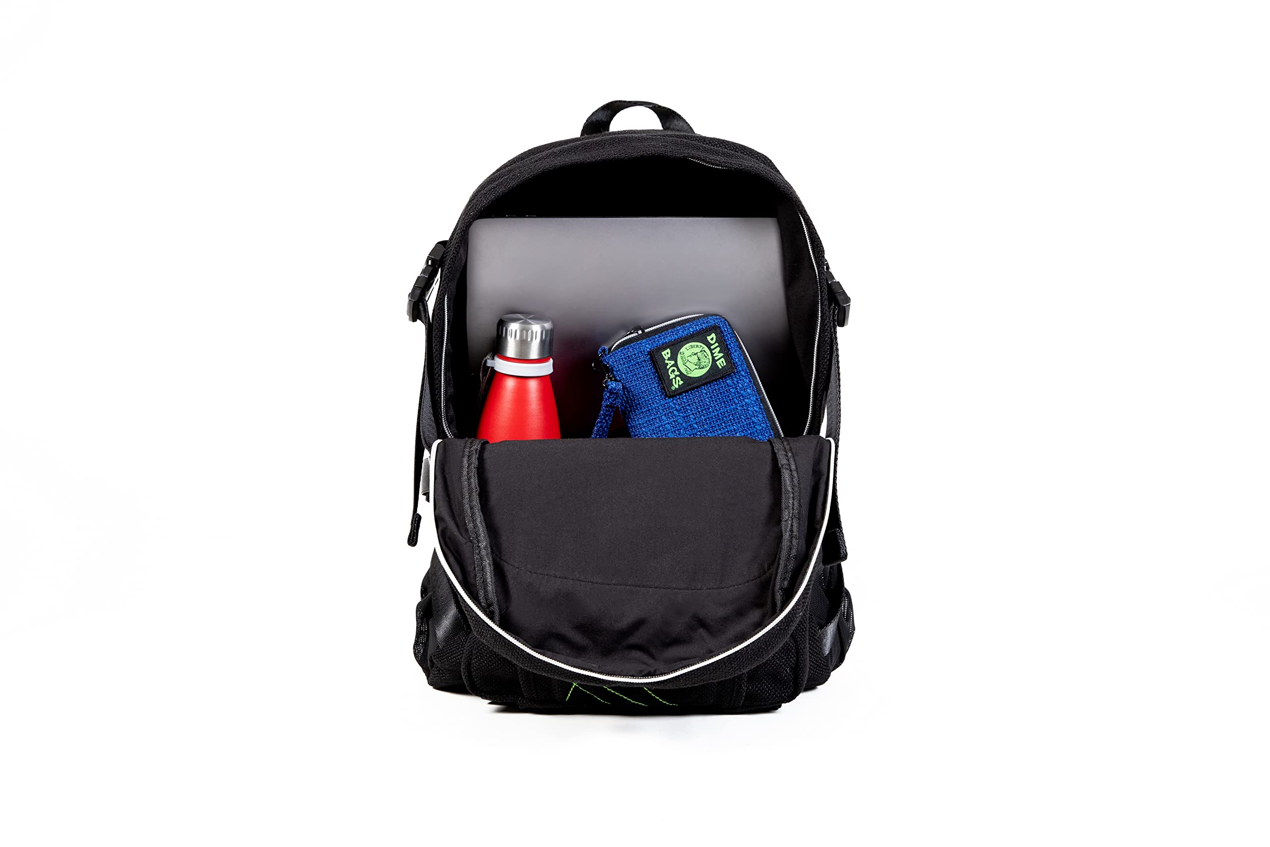 DIME BAGS Backpack For Travel & School, Durable Hempster Material, 9 Storage Compartments & 2 Side Bottle Pockets, Fits 17” Laptop, Adjustable Padded Straps, Hidden Internal Pocket (Black) - Image 4