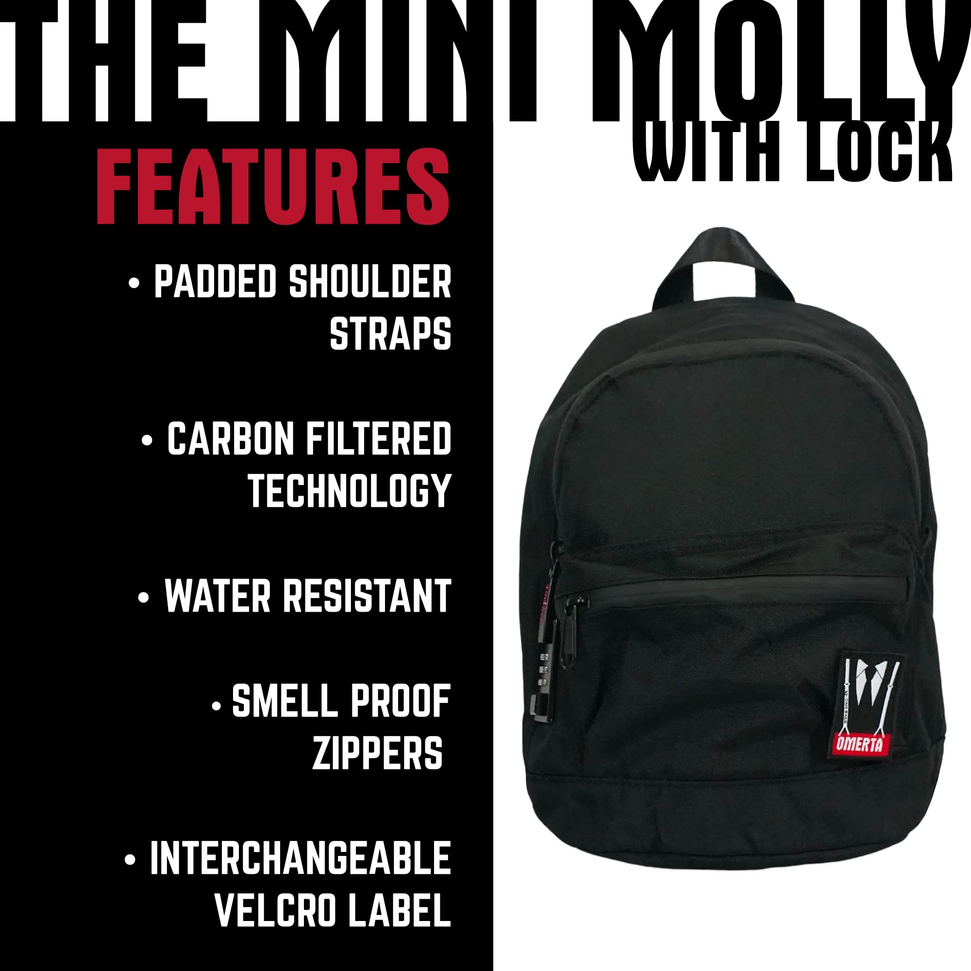 Dime Bags Odor Sealing Locking Backpack, Carbon Lining for Smell & Spill Protection, 3-Digit Combo Lock, Durable Water-Resistant Exterior, Compact Travel Bag, Changeable Patch, Mini Molly (Black) - Image 4