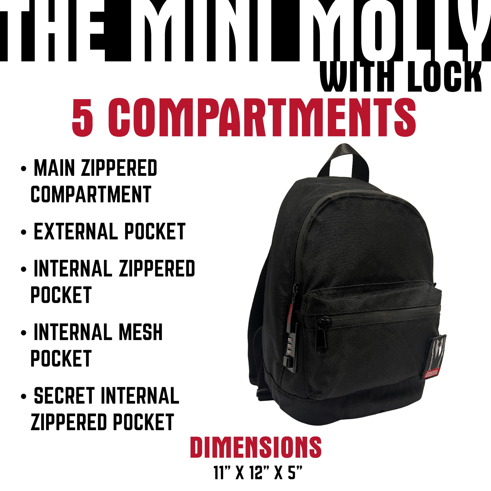 Dime Bags Odor Sealing Locking Backpack, Carbon Lining for Smell & Spill Protection, 3-Digit Combo Lock, Durable Water-Resistant Exterior, Compact Travel Bag, Changeable Patch, Mini Molly (Black) - Image 5